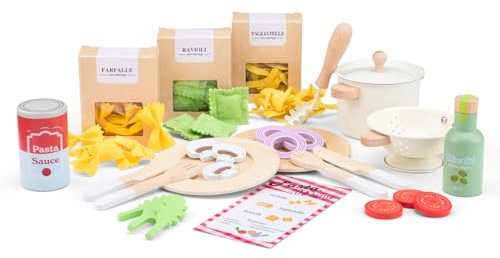 Woet Wooden Pasta Play Food Set – FSC Pretend Cooking Toy with Pots, Pans & Felt Pasta – Kids Dinner Set – Educational Kitchen Accessories, Imaginative Role Play Gift for Kids Age 3+