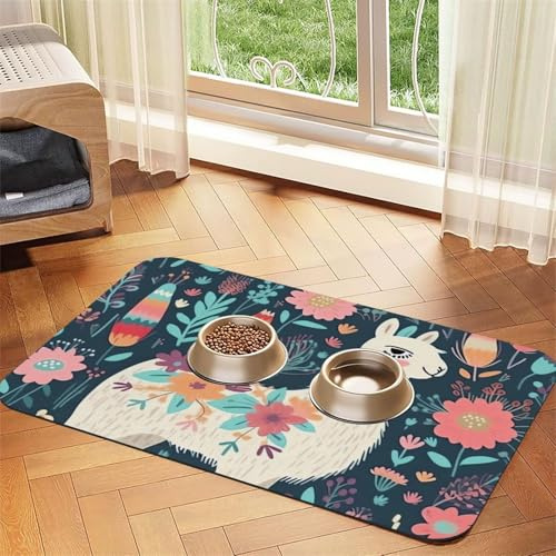 Hundefuttermatten mit niedlichem Lama-Blumenmuster, 40,6 x 61 cm, rutschfest, super saugfähig, spülmaschinenfest, Hundematte für Futter und Wasser, niedlich, Gummi, schnell trocknend