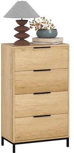 HOMCOM Cómoda de 4 Cajones Alta con Mangos Metálicos, Cómoda para Dormitorio, Cajonera Estrecha, para Pasillo y Salón 62x35x105 cm Natural