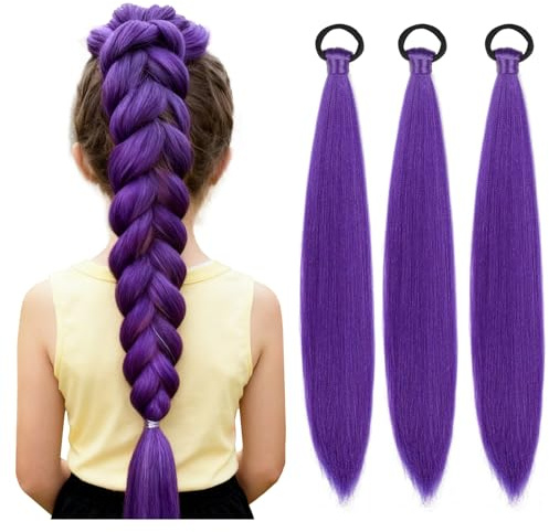 KutaKuta Treccia Viola Bambina per Cosplay, 3 PCS Parrucca Lunga da Cosplay per Bambini, Capelli Viola per Trecce Fibra Sintetica per Halloween, Feste in Maschera, Costumi da Festa