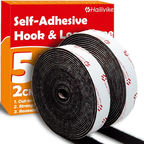 Klettband Selbstklebend 20MM x 5 Meter Extra Stark, Doppelseitig Klebende mit Klettverschluss 20mm Breit Selbstklebendes Klebepad Flauschband und Hakenband (Schwarz, 20 MM X 5 M)