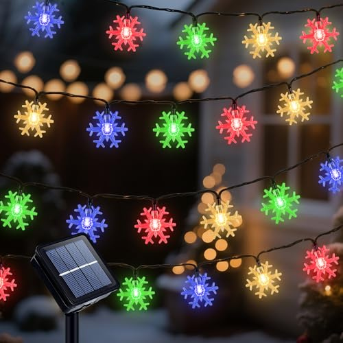 Qoosea Solar Lichterkette Aussen, 12m 100LEDs Schneeflocke Lichterketten Wasserdichte, 8 Modi Solarlichterkette Außen für Garten, Balkon Deko Bäume Terrasse Weihnachten Hochzeiten Partys -Bunt