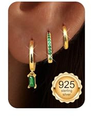 MILACOLATO 3 Paar Ohrringe Silber 925 Set für Damen 14K Vergoldet Kleine Creolen Silber 925 Hypoallergen Ohrringe Stapelbar Zirkonia Schmuck Set für Mehrere Piercings-Grün