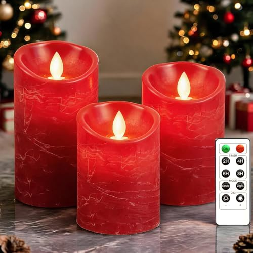 PinnWaa LED Kerzen, 3 Stumpenkerzen, Flammenlos, Flackernd, Rot | 10-Tasten-Fernbedienung, Timer 2/4/6/8 Std, Batteriebetrieb, Dimmbares Licht, Weihnachtsdeko, Hochzeit, Party und Tischdeko