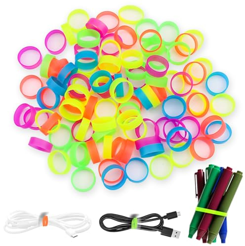 100 Stück Gummiringe, 12 mm Kleine Gummibänder Breit, Rutschfeste Silikon Kabelbinder, Wiederverwendbare Gummibänder für Kabelmanagement, Haus, Büro, Schule Organisation (Bunt)​​