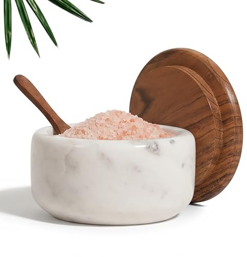 ANONYO Salt Cellar with Wooden Lid and Spoon 4 Storage Pot White Marble Salt Box Container for Kitchen Spice Holder for Kitchen Countertop