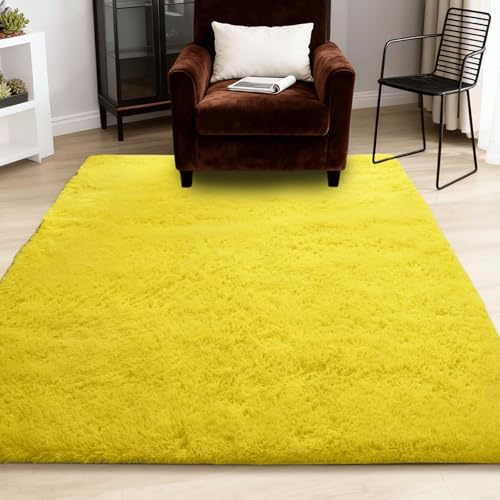 QENHYUN Hochflor Teppich 100 x 250 cm Unifarben Flauschiger Fellteppich Fell Imitat Kunstfell Anti Rutsch Unterseite, Waschbar für Wohnzimmer, Schlafzimmer Und Terrasse, Gelb
