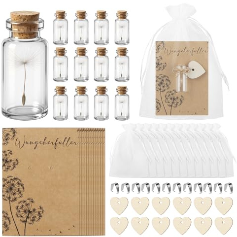 UYUYong 12 Pièces Pissenlits Dans un Verre Pissenlit Porte-Bonheur en Forme de Pissenlit avec Pendentif en Forme de Coeur Sac en Gaze et Une Corde de Chanvre pour Loisirs Créatifs Cadeaux Fête Mariage