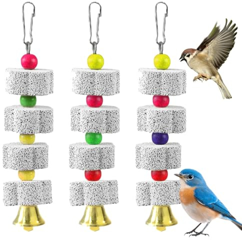 DGN 3 Pièces Jouet à Mâcher pour Oiseaux, Oiseaux à Mâcher Jouets Minéral avec Clochette, Meule à Bec D'oiseau, Jouet Perroquet pour Perruches, Perroquets, Inséparables