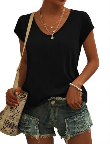 Leversic Womens V Neck T Shirt Summer Plain Basic Tee Tops Short Sleeve