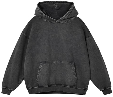 Unisex Acid Wash Hoodie Överdimensionerad Baggy Pullover Sweatshirt Sliten Vintage Bomull Trendig Kraftig Streetwear Mörkgrå Medium