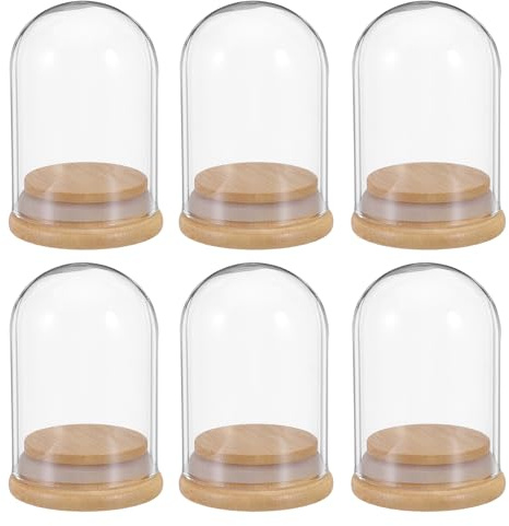 MINAOLULUS Campane in Vetro Trasparente con Base in Legno, Set da 6 Pezzi 5x7 Cm, Espositore a Cupola per Fiori Conservati, Statuette e Decorazioni la Casa, Protezione Antipolvere