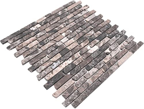 Mosaik Brick Impala braun geflammt Marmor Naturstein Küche, Mosaikstein Format: 25-105x15x8 mm, Mattengröße: 305x322 mm, 1 Matte