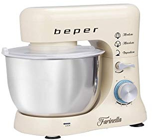 BEPER BP.200 Batidora Amasadora, Amasadora para Repostería (1000 W, 8 Velocidades, con Bol de Acero inoxidable de 4,5 L, Amasador, Batidor, Varillas y Protección para Salpicaduras) Blanco