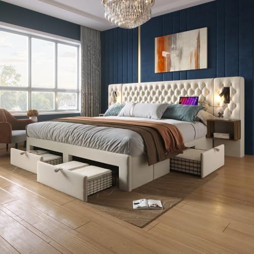 MUZHIXIANG Ensemble complet de lit rembourré pour chambre à coucher avec tables de chevet, tiroirs, tête de lit, lampe de lecture, fonction de charge USB, espace de rangement pour couples appartements
