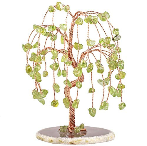 mookaitedecor Peridot Tumbled Stones Money Tree, Gemstone Feng Shui Ornaments Willow Healing Crystal Tree Gift Green Bedroom Accessories Good Luck Reiki Decoration, Agate Slice Geode Quartz Stand