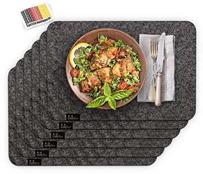 Luxflair Edle Filz Platzmatten für 6 Personen in Dunkelgrau XXL Tischset 30x45cm, waschbar. Moderne Designer Tischmatten, Tischunterlagen-Set