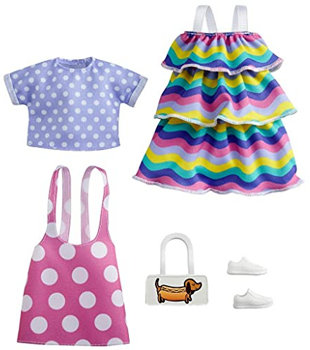 Barbie Fashions 2-Pack Clothing Set, 2 Outfits Doll Include Pink Polka-Dot Jumper, Purple Polka-Dot Top, Striped Dress & 2 Accessories, Gift for Kids 3 to 8 Years Old, White