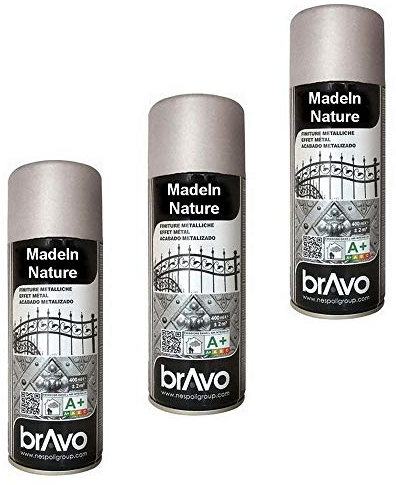 MadeInNature 3 x 400 ml Sprühfarbe für den Innen- und Außenbereich, Metallic-Effekt, Silber 180207 3 Stück