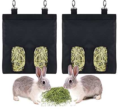 2 Stück Meerschweinchen & Kaninchen Heu-Futterstation - Aufbewahrungstasche Hängender Futterspender für Kleintiere (Schwarz)