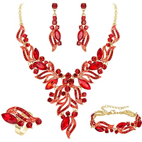 EVER FAITH Parure Bijoux Femme Mariage Mariée Cristal Marquise Feuille Collier Boucles d'oreilles Bracelet et Bague 4PCS Ensemble