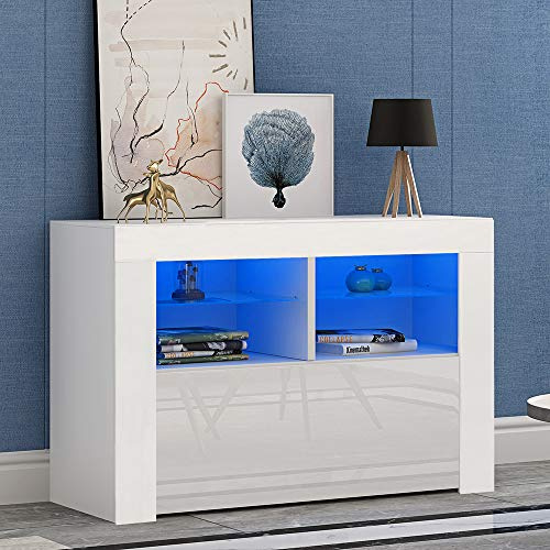 Panana 100cm TV Stand Storage Unit Sideboard LED Lighted TV Console with Storage Cabinets & Open Glass Shelf, Media Console Fit For 32 40 43 inch 4k TV (White)