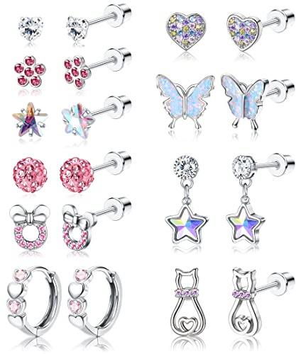 Adramata 10 Pairs Stud Earrings for Women & Girls - Stainless Steel, Hypoallergenic, CZ, Pearl, Butterfly, Flower Designs - Screw Back Kids Earrings Set