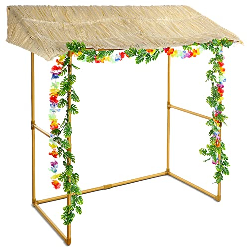 Jexine Tiki Bar Hut - Cabaña de mesa tropical con 2 piezas decorativas artificiales de monstera tropical, plantas colgantes de selva tropical para verano, hawaiano, luau, playa, piscina, decoración de