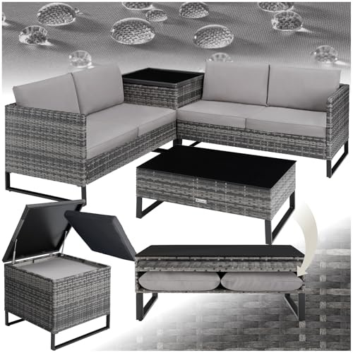 tectake® Poly Rattan Lounge Sitzgruppe, Gartenmöbel Set mit Sofa, Tisch mit Glasplatte, Auflagenbox, Outdoor Kissen wetterfest, Möbel für Garten, Balkon, Terrasse oder Wintergarten - grau