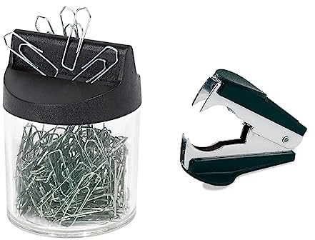 Wedo 2705154 Klammernspender (mit Magnet rund gefüllt, 125 Büroklammern) silber/transparent & Rapid Entklammerer C2 (Metall) schwarz