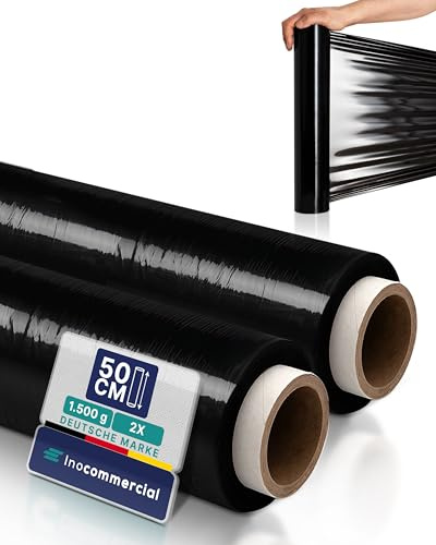 Inoverse 2 Rollen Stretchfolie Schwarz, 50cm/1.5kg Folie Für Möbel & Umzug, Palettenfolie, Wickelfolie, Verpackungsfolie auf Rolle, Strechfolienrolle, Verpackungsmaterial, Schwarz Folie