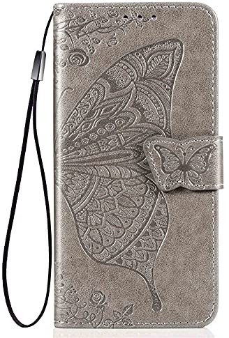 HAOYE Funda para Motorla Moto G14, Suave TPU/PU Cuero Flip Carcasa Case Cover, Magnética en Relieve de la Mariposa, Billetera con Soporte/Tapa Tarjetas. Gris