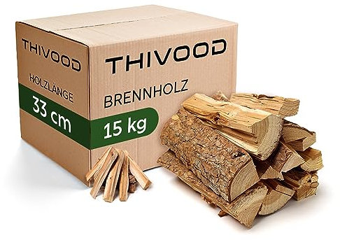 THIVOOD Brennholz 33 cm Fichtenholz - sehr trockenes Feuerholz inkl. Anzündholz - 15 KG Premium Holz mit unter 18% Restfeuchtigkeit - Ofenfertiges Kaminholz für Zuhause & Outdoor