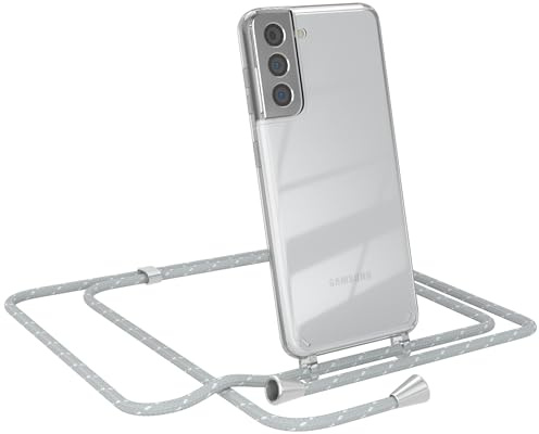 EAZY CASE - Handy Chain - kompatibel mit Samsung Galaxy S21, Handykette Tasche transparent, Stoßfeste Soft Silikon, Stylische Kette mit Hülle für Smartphone, Grau/Weiß mit Verschlüssen in Silber