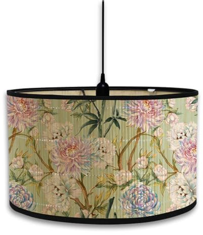 Morbuy Pantalla redonda de bambú con patrón floral de lujo vintage de 30 cm para mesa, pared, mesita de noche, suelo, iluminación colgante, decoración del hogar (verde claro)