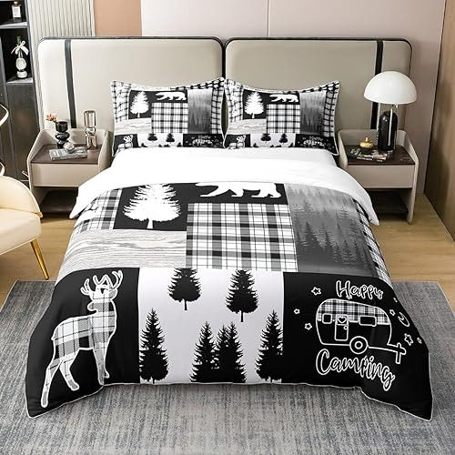 Buffalo Plaid Patchwork 100% Baumwolle Bettbezug 155x220,Elch Hirsch Bär Jagd Thema Bettwäsche Set,Waldtiere Tröster Abdeckung Kabine Dekor,Glückliche Camping Bettwäsche Abdeckung für Rv Camper