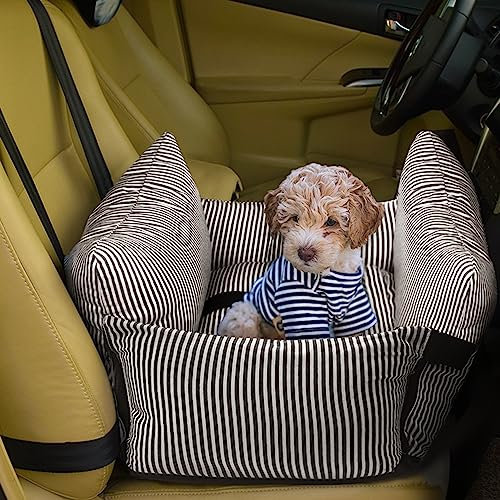 VERCART Hunde Autositz für Kleine Hunde unter 18 kg 2 in 1 Hundeautositz Stabiler Hunde Sitzerhöhung mit Taschen für Vordersitz Rücksitz Braune Streifen 52 * 52 * 42cm