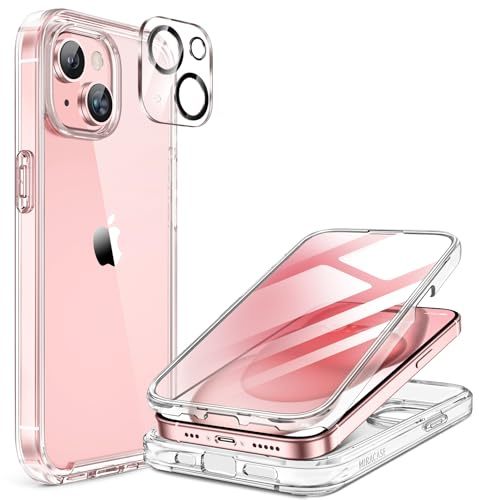 miracase 360° Hülle für iPhone 15, Ohne Magsafe, Kristallklar | Eingebaute 9H Panzerglas Schutzfolie | 6,1 Zoll | Stoßfest | Komplettschutz | Kameraschutz | Geeignet für Outdoor