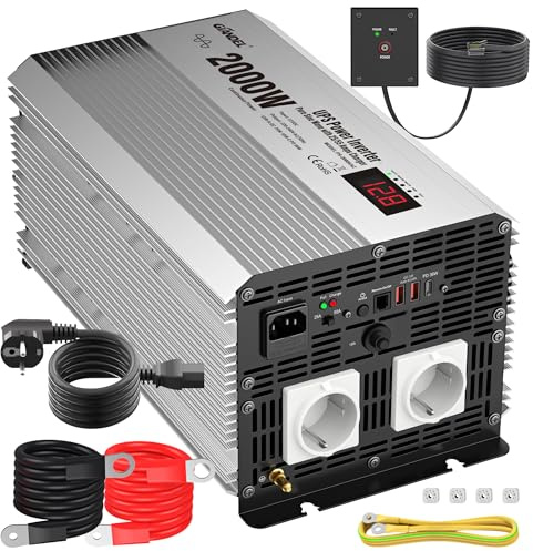 GIANDEL 2000W Reiner Sinus Wechselrichter mit Netzvorrangschaltung und ladefunktion 55A und 25A wählbar und USV Funktion,Spannungswandler 12V auf 230V mit Fernbedienung USB-C PD 30W für Wohnmobil LKW