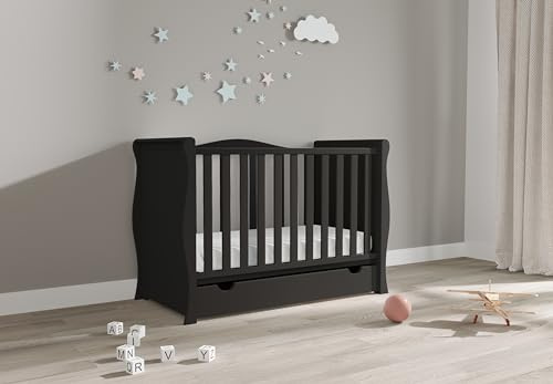 Viculii Willow Baby Sleigh Mini Cot Bed with Drawer Only | 120x60cm | 3 in 1 Baby Cot Converts to Toddler Bed Junior Bed (Black)