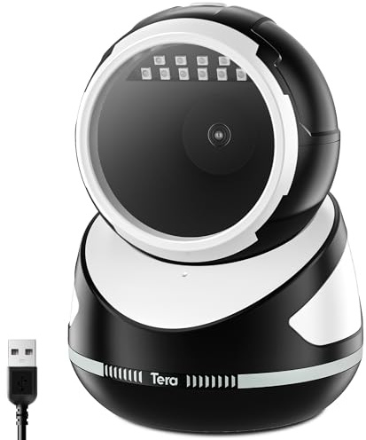 Tera Barcode Scanner Handsfree Omnidirectional: Pro Version Desktop 1D 2D QR USB Wired Adjustable Angle Plug and Play Bar Code Reader for POS Supermarket Retail Store Mobile Payment Model 9800 White