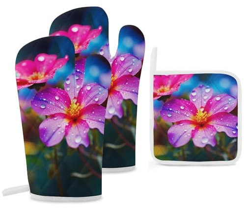 3Pcs Oven Mitts and Pot Holders Set Kitchen Oven Mitts Heat Resistant Hot Pads Colorful Small Flower Thicken Oven Gloves Non-Slip Potholders Extra Long Cooking Gloves for Grilling Baking BBQ