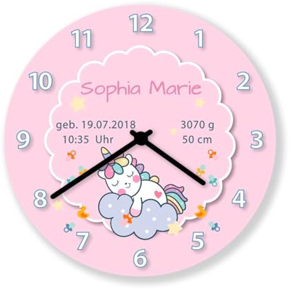 Personalisierte Wanduhr Einhorn Geschenk zur Geburt und Taufe Geburtsuhr Rosa Kinderuhr Babygeschenk