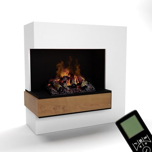 GLOW FIRE Wasserdampf Kamin PLANCK hoch Links (Standkamin) - Elektrokamin mit realistischen LED 3D-Flammen, Knistereffekt & Fernbedienung, 111x110 cm - Opti-Myst 500 Elektro Kamin mit Holz-Deko, Weiß