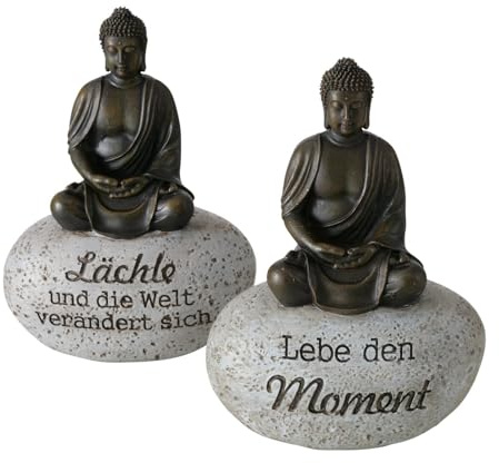 MF Dekoaufsteller Set Zen-Buddha mit Weisheitssprüchen, 2er Set, 15 cm, Kunstharz, Braun und Grau
