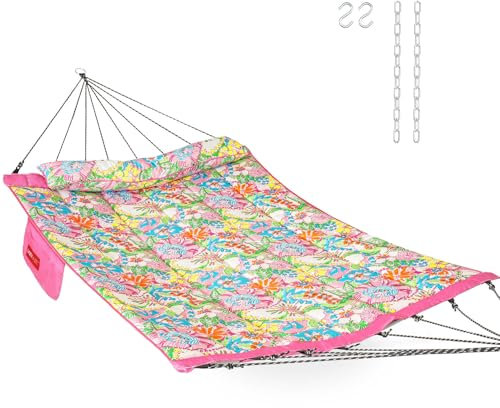 Lazy Daze Hammocks 12 FT Outside Quilted Fabric Hammock with Curved Aluminium Spreader Bar, Double Hammock with Soft Pillow, Side Pocket 450 Lbs Capacity for Patio, Poolside, Floral