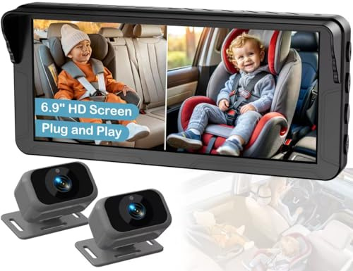 Dual Baby Autokamera für 2 Kinder - 6,9 Zoll Split-Screen HD Display, Infrarot Nachtsicht, Einfache Installation, Rücksitzkamera für Säuglings- & Kleinkindsicherheit, Kompatibel mit allen Automodelle