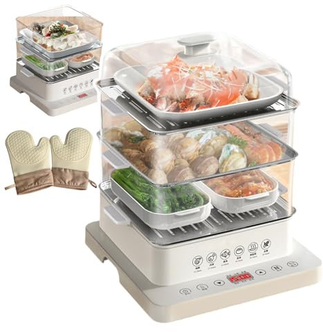 pedenencelia Vaporiera Elettrica per Cucinare, Vaporiera per Verdure da 40 L con 3 Ripiani in Acciaio Inox, Un Paio di Guanti Termoisolanti, Vaporiera Elettrica da 800 W, Prenotazione di 12 Ore