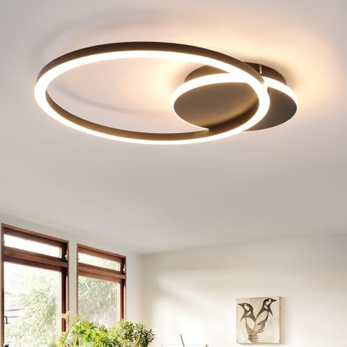 Homefire Deckenlampe LED Deckenleuchte Küche 24W Küchenlampe Schwarz | Modern 2-Ringe Design Flurlampe 3000K Warmweiß Schlafzimmer Metall Deckenleuchten für Büro Esszimmer Wohnzimmer