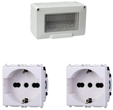 Kit Scatola Elettrica IP55, Completa Di Frutti Compatibile Con Vimar Plana, 4 Moduli 2 Prese Schuko P40 Universale 10/16A, Contenitore Con Coperchio, Da Muro Parete Esterno e Interno